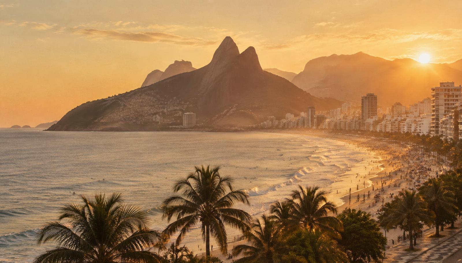 Ipanema Beach and the Rio de Janeiro mountains glowing at sunset