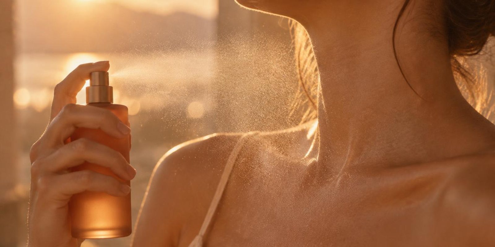 Glowie body mist sprayed onto sunlit skin in warm evening light