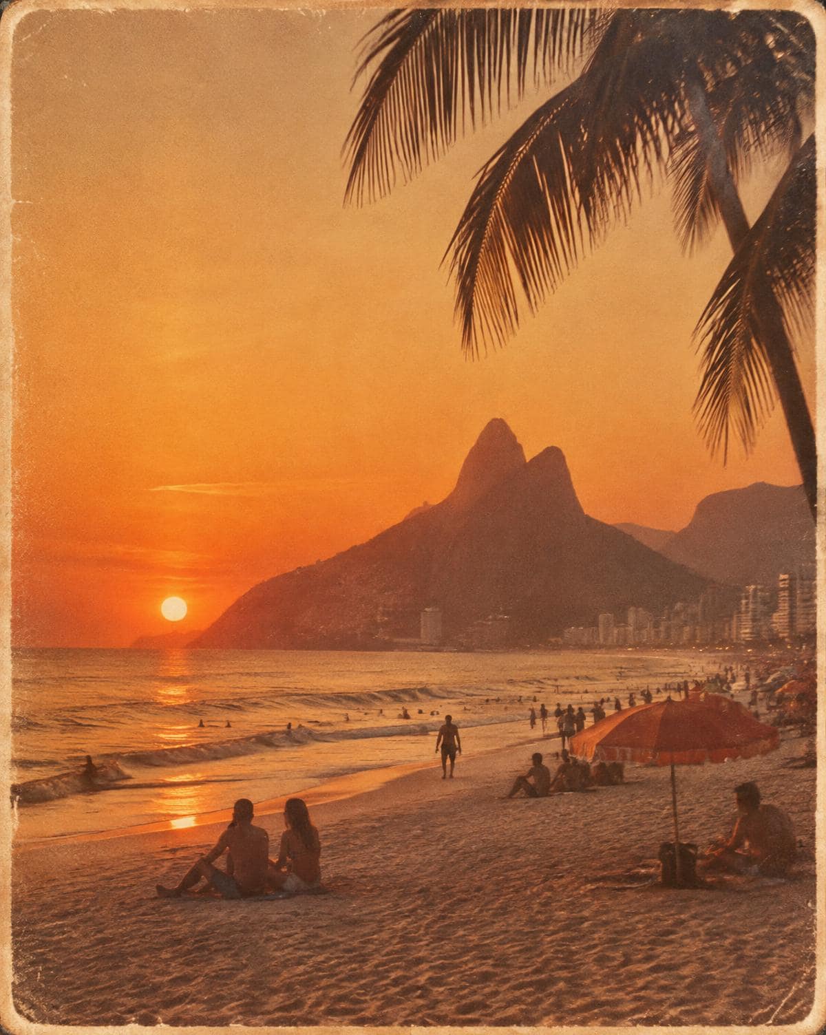 Vintage postcard of Ipanema beach at sunset with palm fronds and the Two Brothers mountain