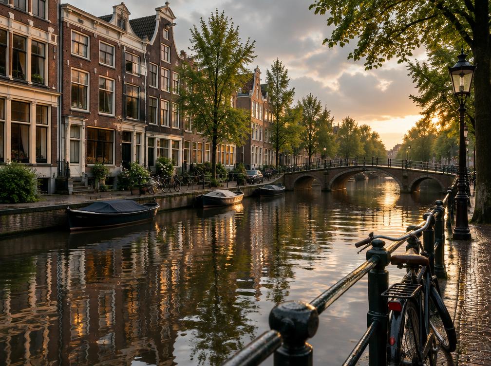 Amsterdam canal and brick houses after rain, destination inspiration