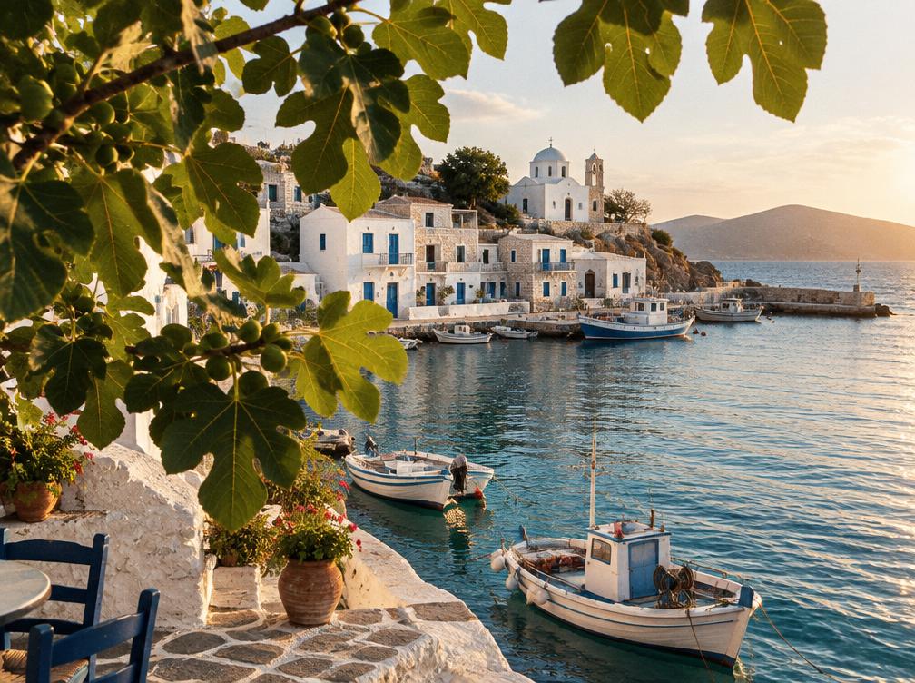 Greek island harbour and fig leaves, destination inspiration