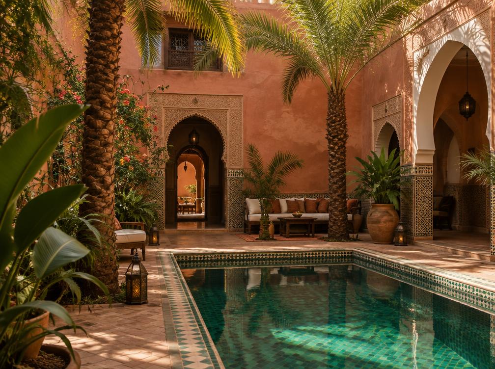 Palm-shaded Moroccan riad courtyard, destination inspiration