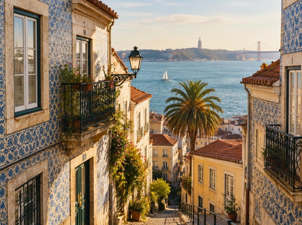 Lisbon tiled streets overlooking the water, destination inspiration