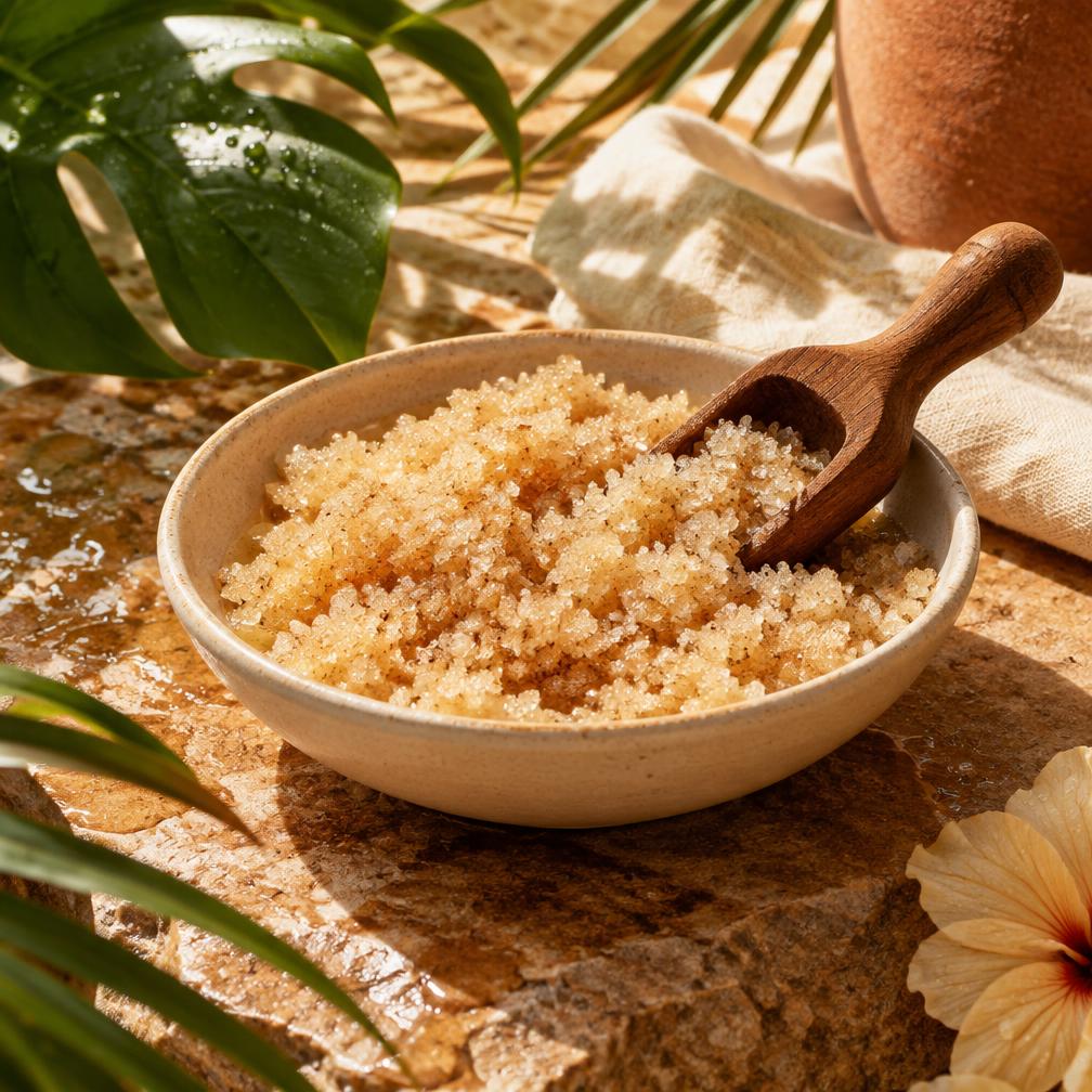 Editorial exfoliant texture in a ceramic dish, not the final Renew formula