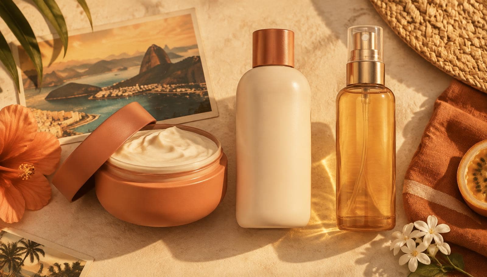 Glowie body care products — body butter jar, body oil bottle and body mist — arranged on warm cream paper in golden-hour light